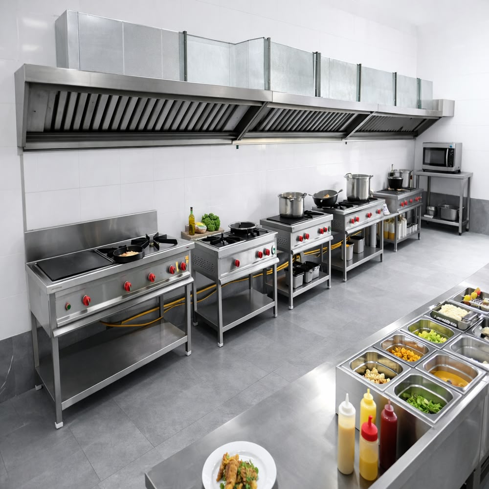 A complete commercial kitchen cooking line installed by Hi-Tech Kitchen Services